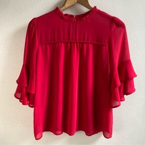 Monteau Womens Blouse Size Lg Lined Sheer Top Ruffled 1/2 Sleeves & Neckline Red